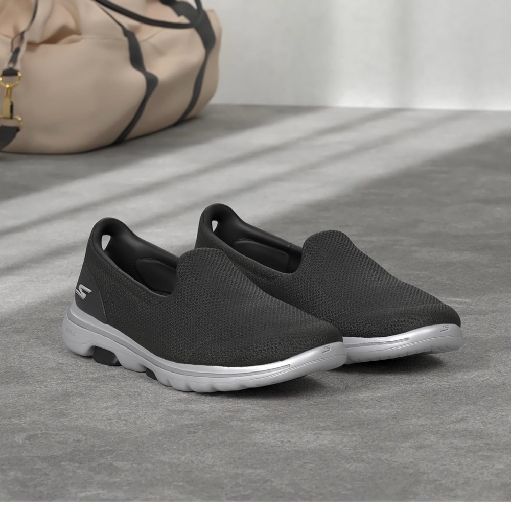 Women’s Skechers Black Athletic Slip-Ons with White Sole, black sneakers wide